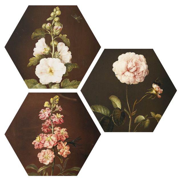 Hexagons Forex schilderijen - 3-delig Barbara Regina Dietzsch - Roses And Levkkoje