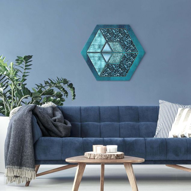 Hexagons Aluminium Dibond schilderijen Blue Hexagon With Golden Contour
