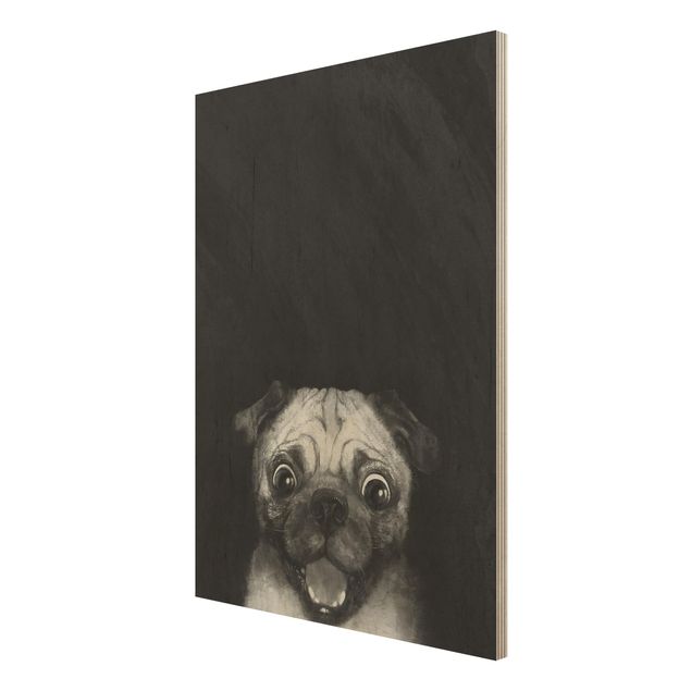 Houten schilderijen Illustration Dog Pug Painting On Black And White