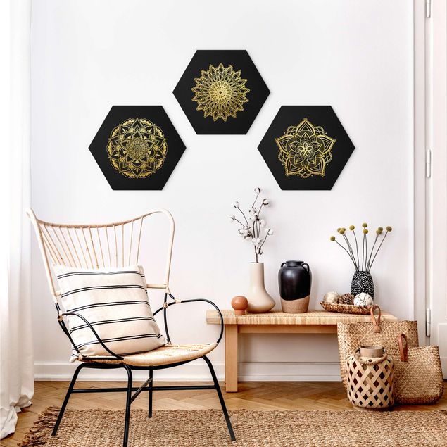 Hexagons Forex schilderijen - 3-delig Mandala Flower Sun Illustration Set Black Gold