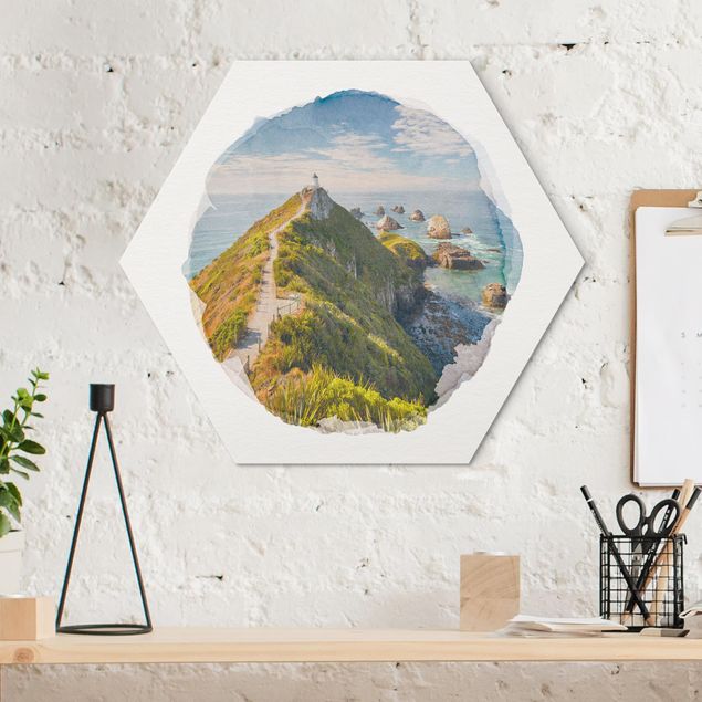 Hexagons Aluminium Dibond schilderijen WaterColours - Nugget Point Lighthouse And Sea New Zealand
