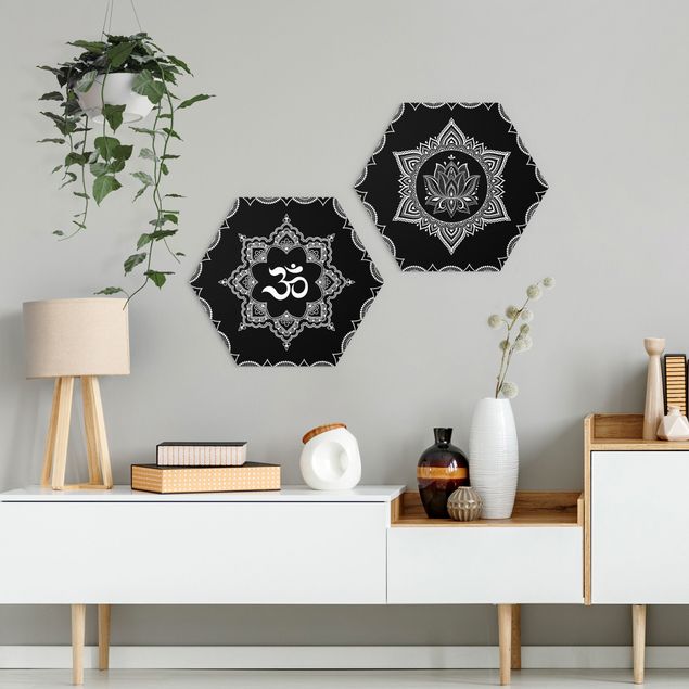 Hexagons Forex schilderijen - 2-delig Lotus OM Illustration Set Black