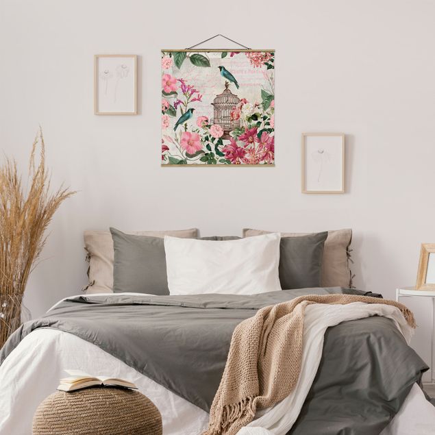 Stoffen schilderij met posterlijst Shabby Chic Collage - Pink Flowers And Blue Birds