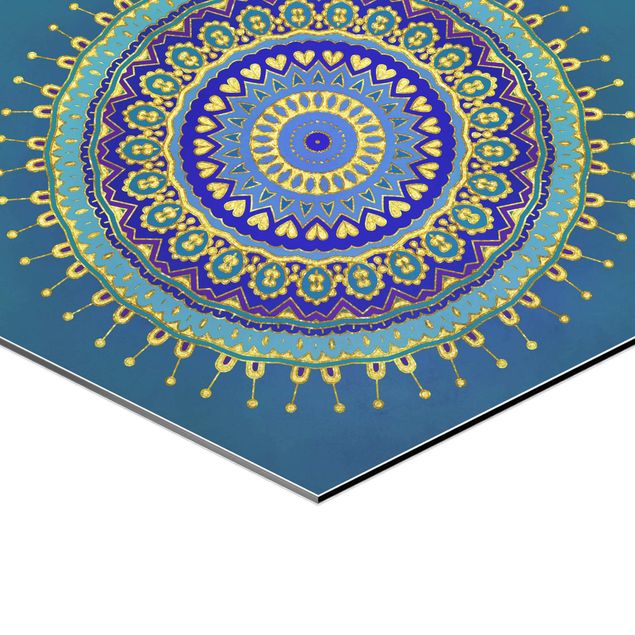 Hexagons Aluminium Dibond schilderijen Mandala Blue Gold