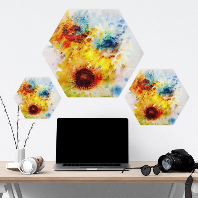 Hexagons Forex schilderijen Watercolour Flowers Sunflowers