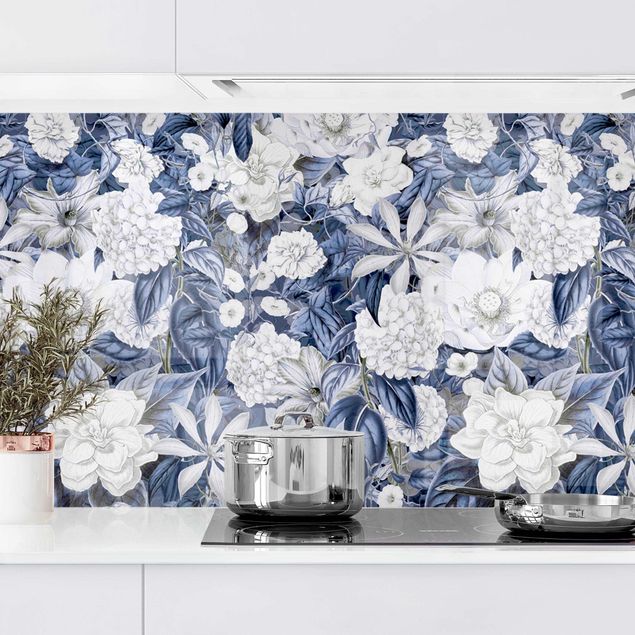 Achterwand voor keuken bloemen White Flowers In Front Of Blue II