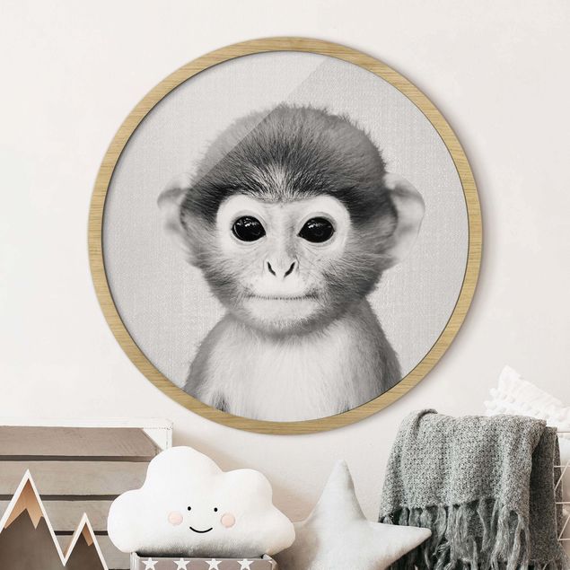 Runde Bilder mit Rahmen Baby Monkey Anton Black And White