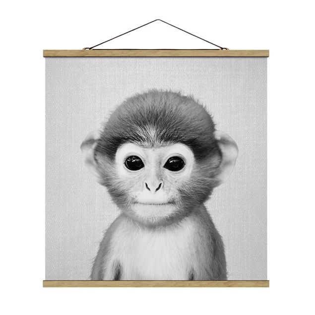 Stoffen schilderij met posterlijst - Baby Monkey Anton Black And White