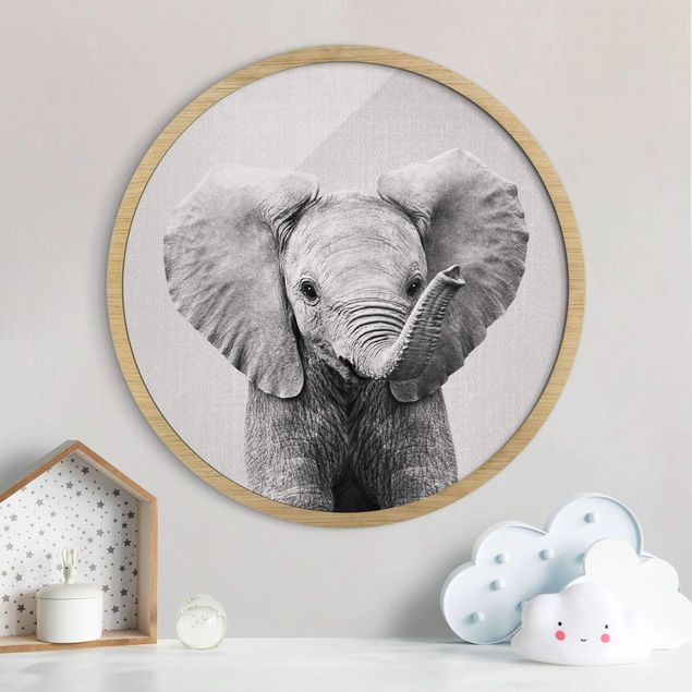 Runde Bilder mit Rahmen Baby Elephant Elsa Black And White