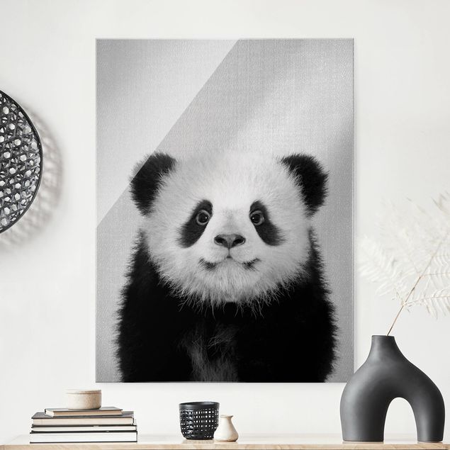 Glas Magnettafel Baby Panda Prian Black And White