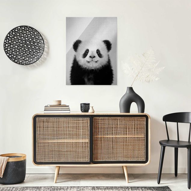 Glasschilderijen - Baby Panda Prian Black And White