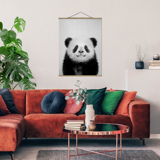 Stoffen schilderij met posterlijst - Baby Panda Prian Black And White