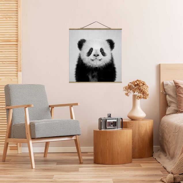 Stoffen schilderij met posterlijst - Baby Panda Prian Black And White