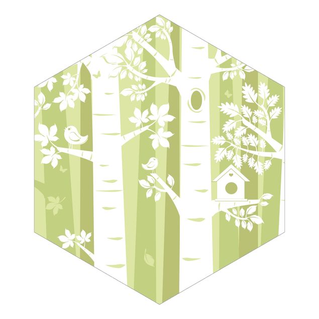 Hexagon Behang Trees In The Forest Green