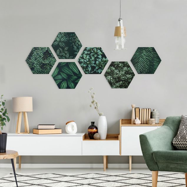 Hexagons Aluminium Dibond schilderijen - 6-delig Green Leaves Set II