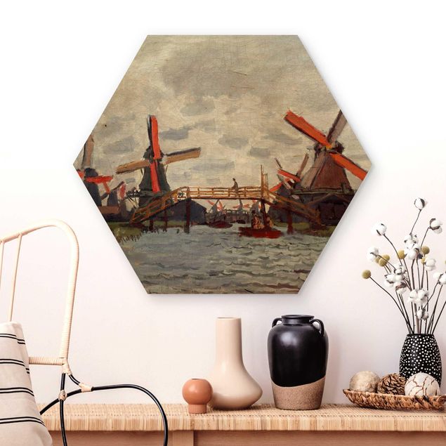 Hexagons houten schilderijen Claude Monet - Windmills in Westzijderveld near Zaandam