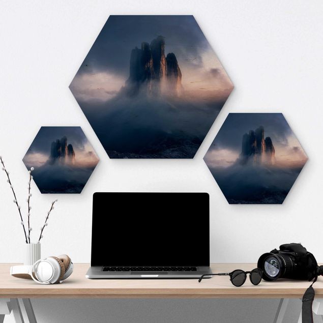 Hexagons houten schilderijen Three Peaks In Blue Light