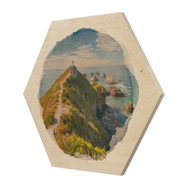 Hexagons houten schilderijen WaterColours - Nugget Point Lighthouse And Sea New Zealand