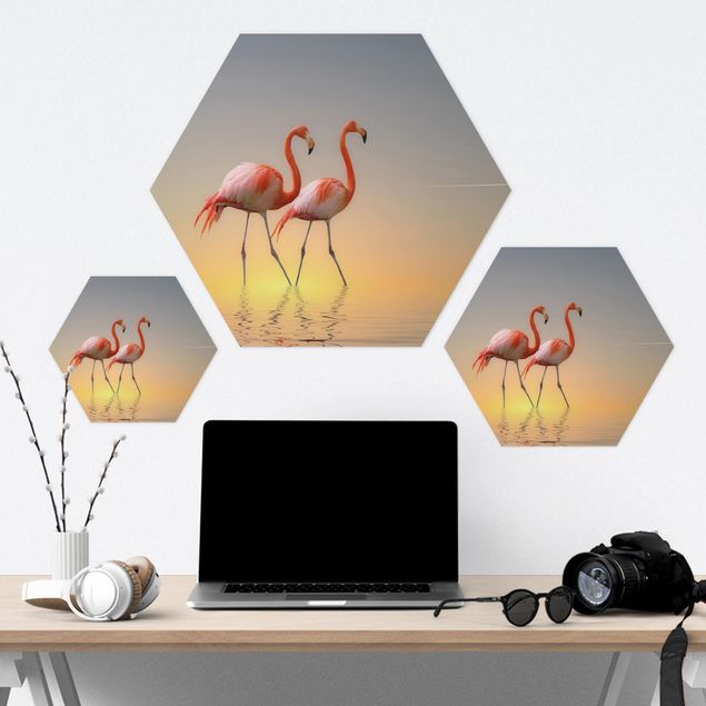 Hexagons Aluminium Dibond schilderijen Flamingo Love