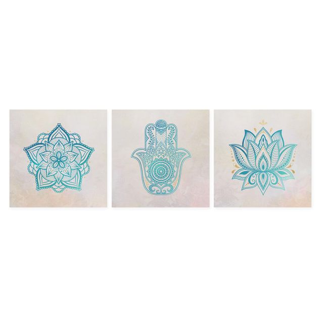 Canvas schilderijen Mandala Hamsa Hand Lotus Set Gold Blue