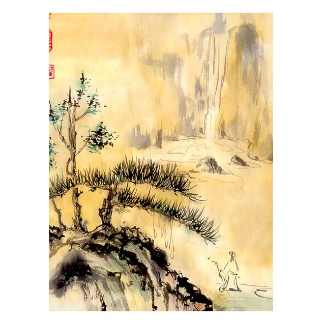 Magneetborden Japanese Watercolour Drawing Cedars And Mountains