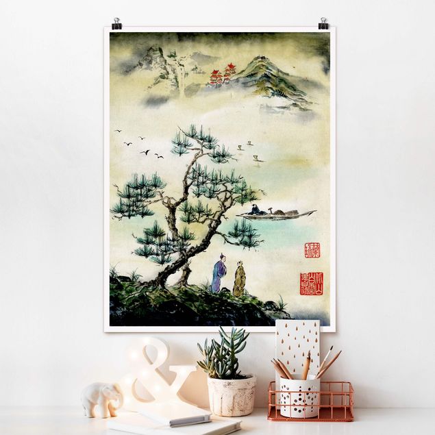 Posters Japanese Watercolour Drawing Pine And Mountain Village
