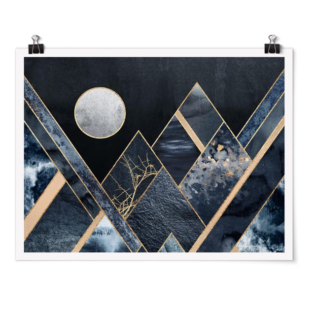 Posters Golden Moon Abstract Black Mountains