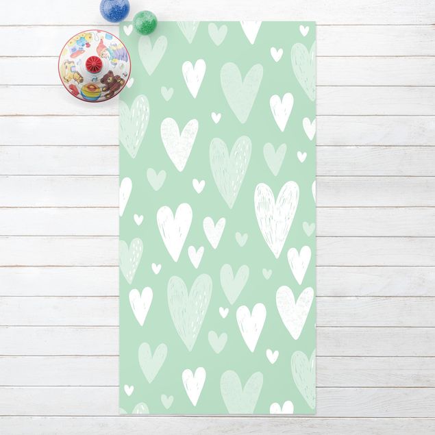 Balkonkleden Small And Big Drawn White Hearts On Green