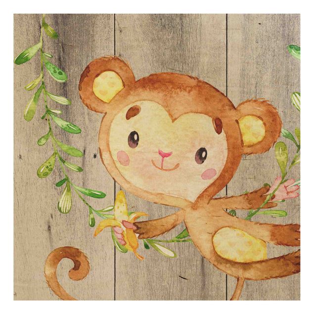 Houten schilderijen Watercolour Monkey On Wood