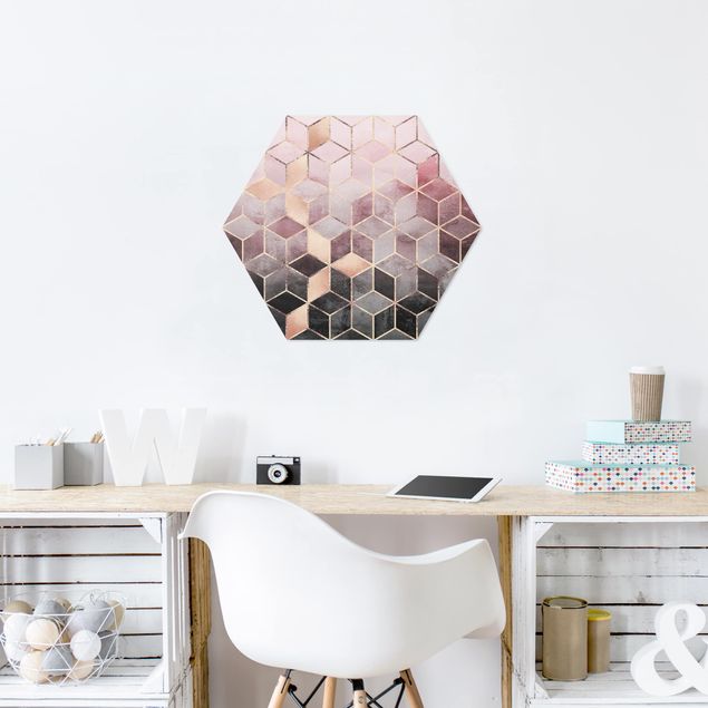 Hexagons Forex schilderijen Pink Grey Golden Geometry