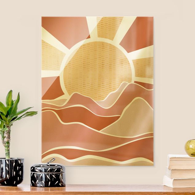 Glasschilderijen Mountainous Landscape With Golden Sunrise