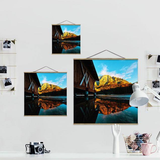 Stoffen schilderij met posterlijst Reflected Mountains In the Dolomites