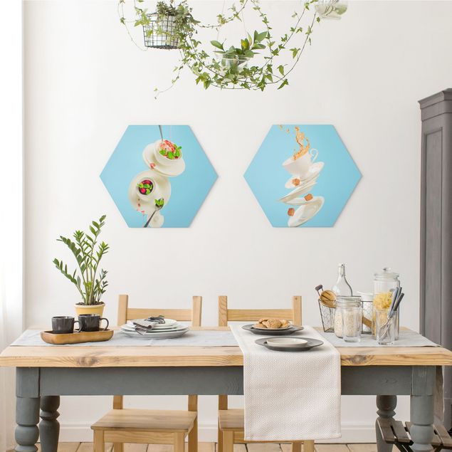 Hexagons Aluminium Dibond schilderijen - 2-delig Flying Cups