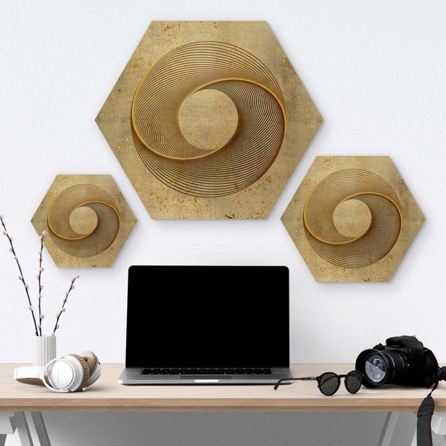 Hexagons houten schilderijen Line Art Circle Spiral Gold