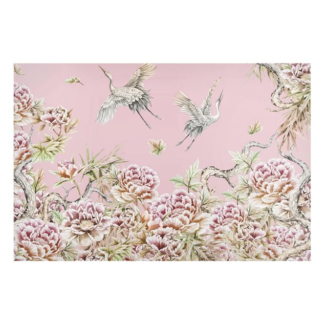 Magneetborden Watercolour Storks In Flight With Roses On Pink