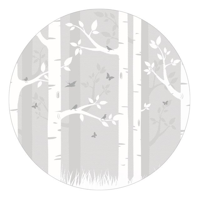 Behangcirkel Birch Forest With Butterflies And Birds