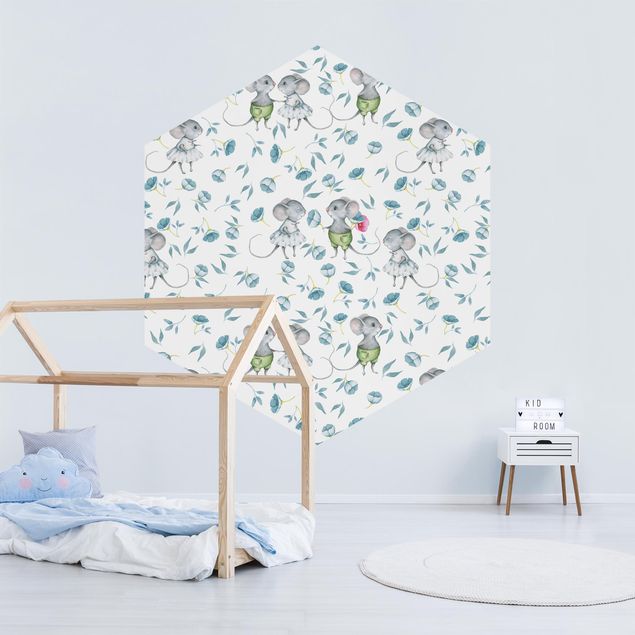 Hexagon Behang Blue Flowers With Mice