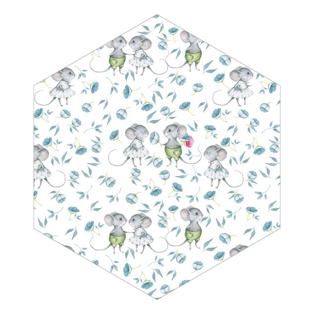 Hexagon Behang Blue Flowers With Mice