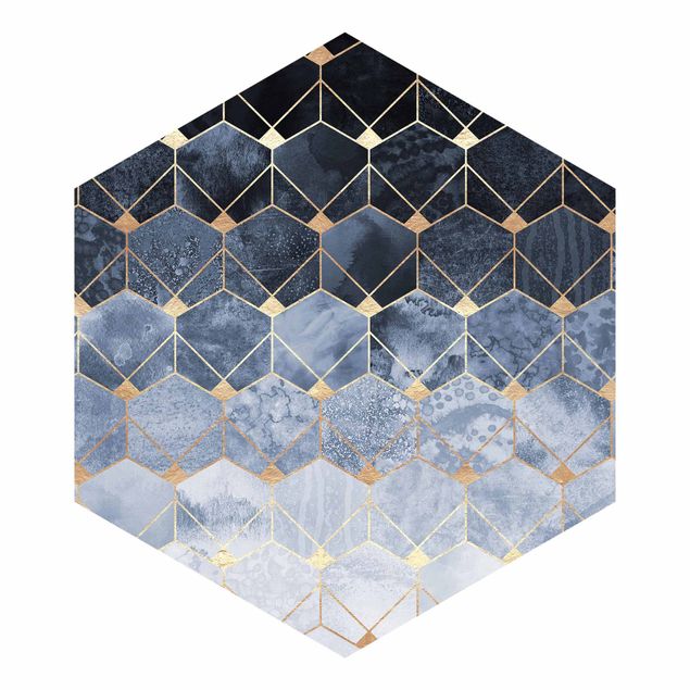 Hexagon Behang Blue Geometry Golden Art Deco
