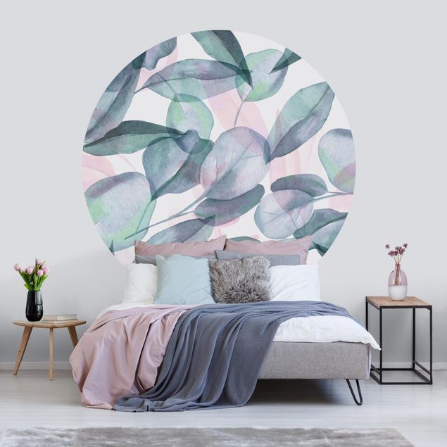 Behangcirkel Blue And Pink Eucalyptus Leaves Watercolour