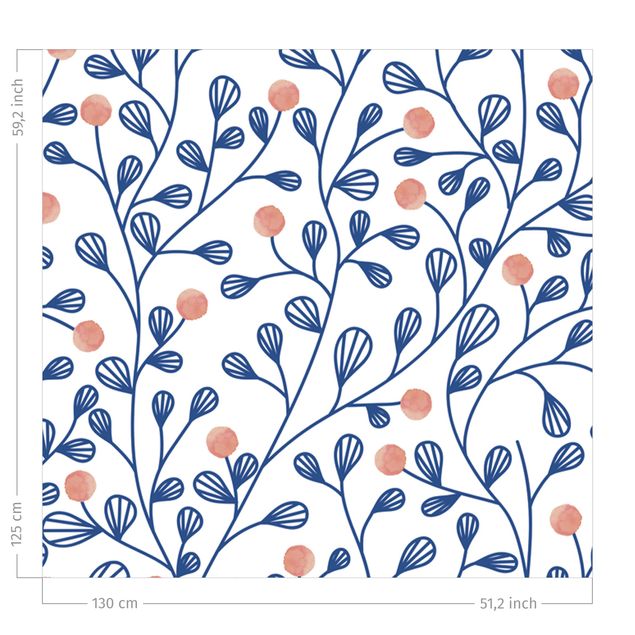 bloem gordijnen Blue Plant Pattern With Dots In LIght Pink