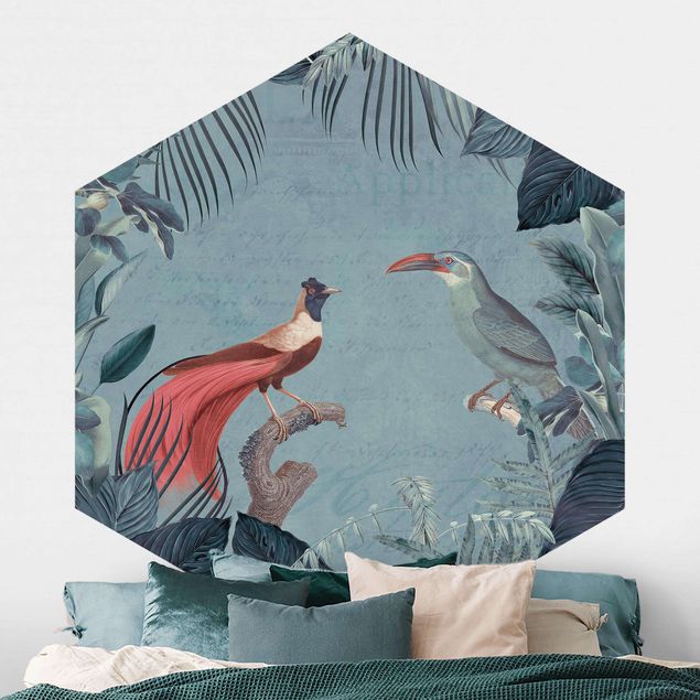 Hexagon Behang Blue Gray Paradise With Tropical Birds
