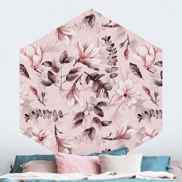 Hexagon Behang Blossoms With Gray Leaves In Front Of Pink