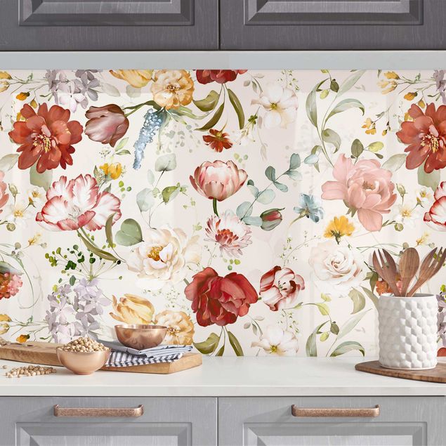 Achterwand voor keuken bloemen Flowers Watercolour Vintage Pattern on Beige