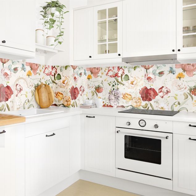 Achterwand voor keuken Flowers Watercolour Vintage Pattern on Beige