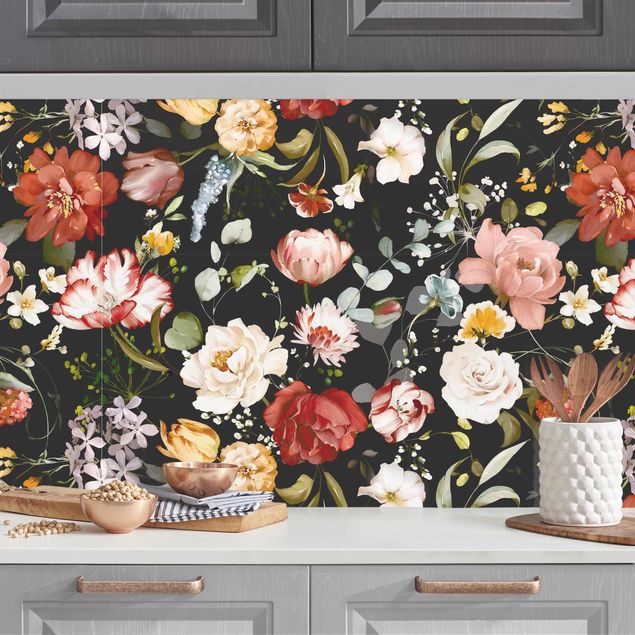 Achterwand voor keuken bloemen Flowers Watercolour Vintage Pattern on Black