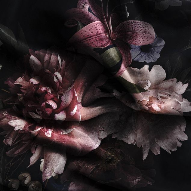 Raamgordijnen Flowers With Fog On Black