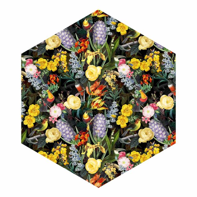 Hexagon Behang Flowers With Colourful Tropical Birds