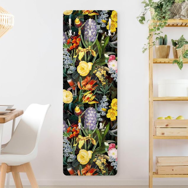Wandkapstokken houten paneel Flowers With Colourful Tropical Birds