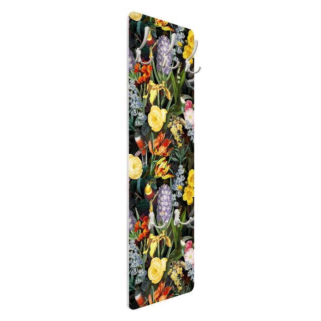 Wandkapstokken houten paneel Flowers With Colourful Tropical Birds
